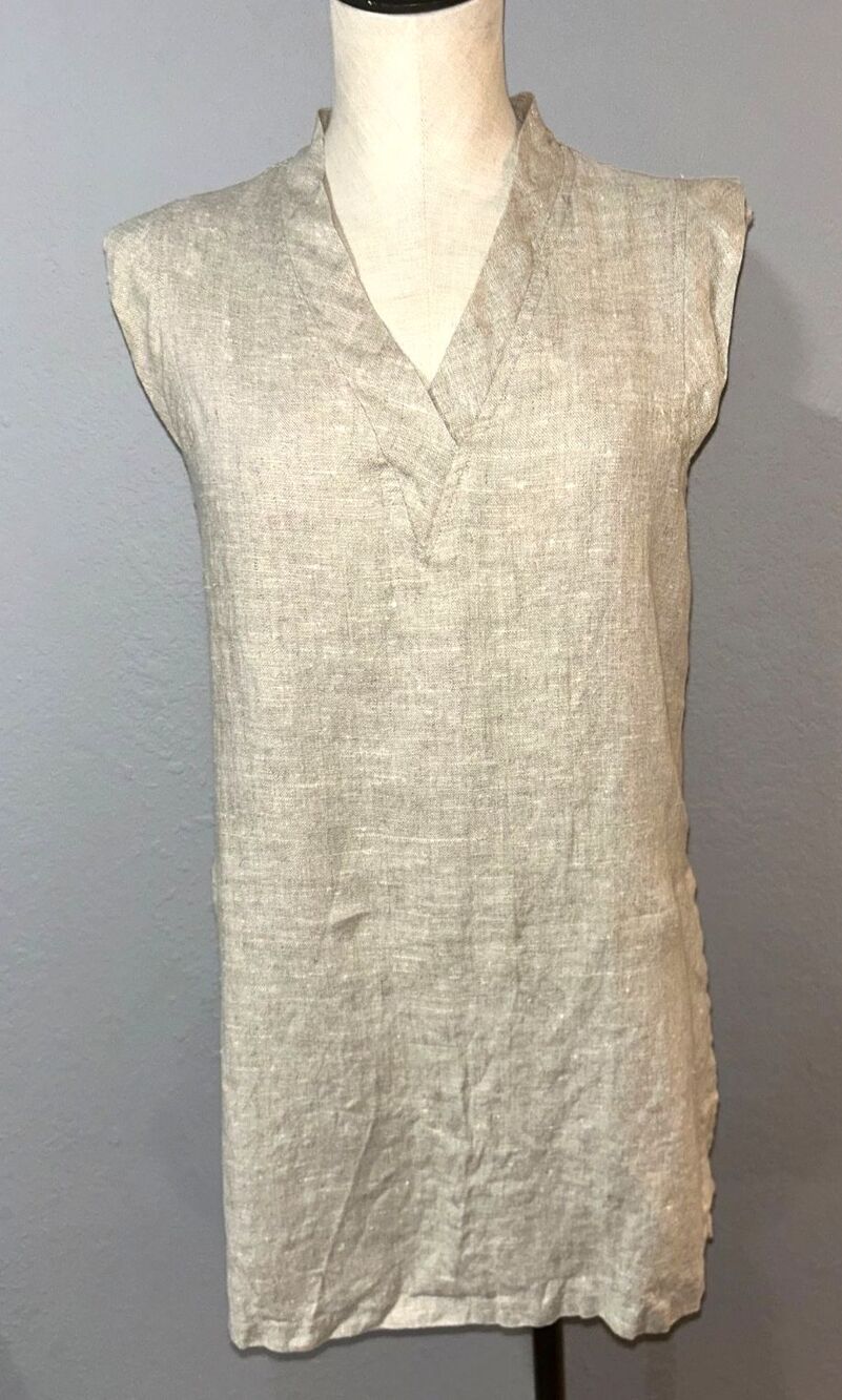 Harve Benard Women’s Vintage Sleeveless Linen Tunic Top size M Natural V-Neck